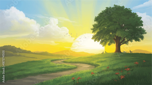 Vibrant sunrise illuminating a tranquil natural landscape with a majestic green tree, winding path, and red wildflowers on rolling hills under a bright sky, symbolizing new beginnings