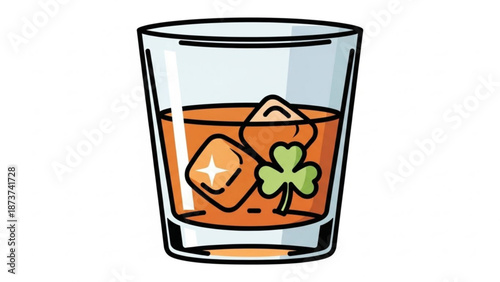 A glass of whiskey with ice cubes and a shamrock on a white background for st patrick's day celebration with st patrick s day and irish and luck