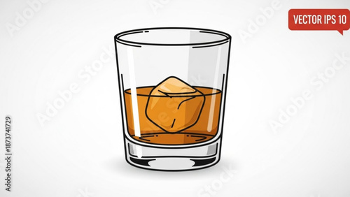 A clear tumbler glass filled with whiskey and a large ice cube on a plain white background in a cartoon vector illustration style with drink