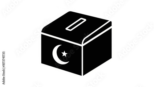 Black ballot box with white crescent moon and star on side for voting and elections with a slot on top for depositing ballots in a simple line drawing style