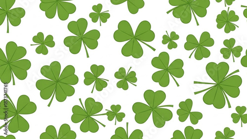A vibrant collection of green four leaf clovers scattered on a clean white background for st patricks day designs with lucky charm and shamrock