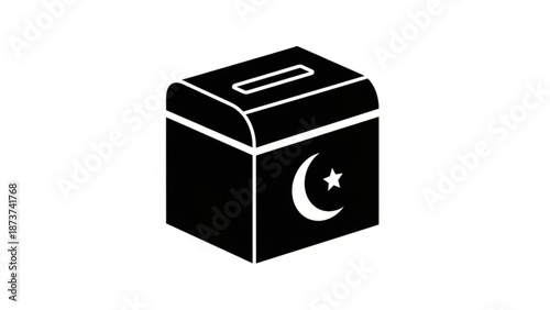 Black and white illustration of a ballot box with a crescent moon and star symbol on the side for voting and elections with democracy and politics