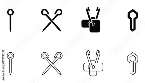 Gymnastics equipment line art, vaulting horse pommel horse vector icons, still rings black and white design