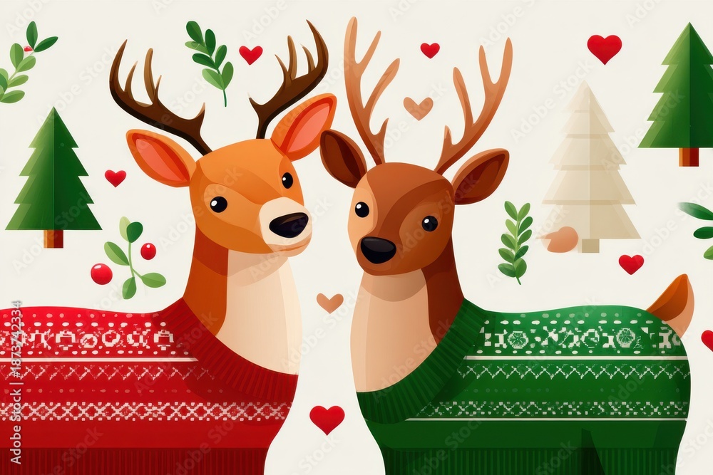 Naklejka premium Two reindeer wearing festive sweaters stand together in a snowy Christmas scene with hearts and trees