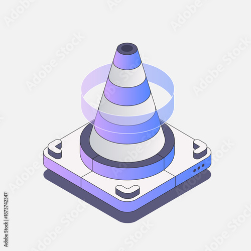 Isometric 3D cone with rotating rings on a tech platform in gradient purple-blue tones.
