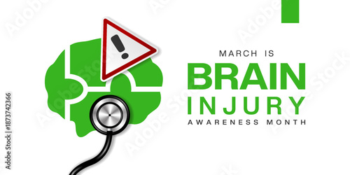 March Is National Brain Injury Awareness Month. Brain, sign and stethoscope. Great for cards, banners, posters, social media and more. White background.  