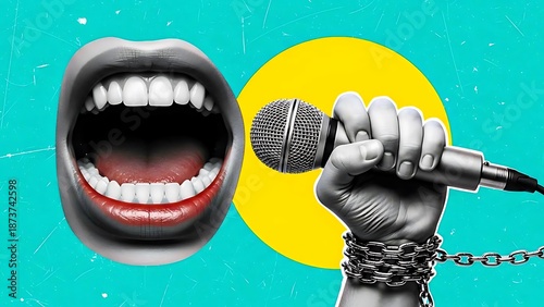 Freedom of speech concept with chained microphone and open mouth
