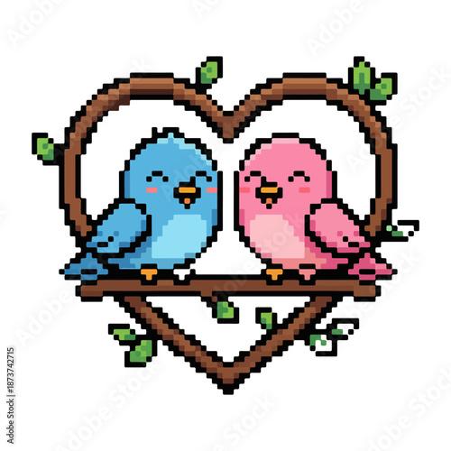 pixel art illustration of blue and pink love bird