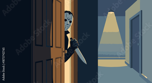Slasher Behind Doorway
A flat vector illustration of a slasher partially visible behind a doorway. Only the mask and hand holding a blade are seen. Interior hallway background. 