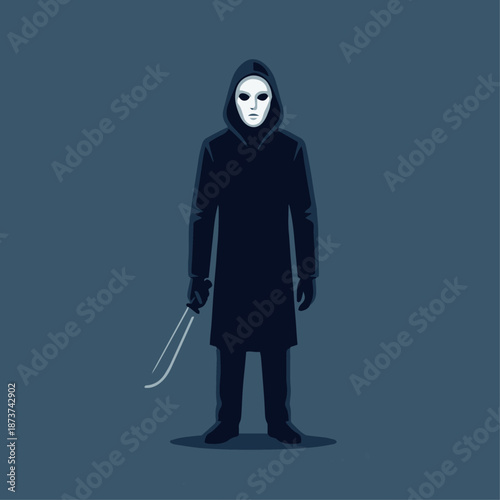 Slasher with Weapon Icon
A flat vector illustration of a slasher holding a stylized weapon (knife or machete) lowered at the side. No action pose. Flat vector design, symbolic and minimal.