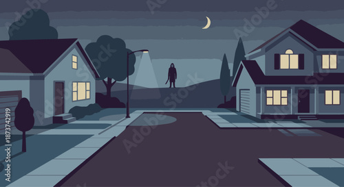 Slasher Watching from Distance
A flat vector illustration of a slasher standing far away, watching from the background. Foreground shows empty street or house. Flat vector style, cinematic horror 