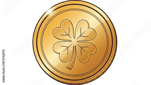 Golden coin with four leaf clover design on white background symbolizing good luck and prosperity with lucky charm and wealth and fortune and irish symbol