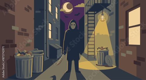  Slasher Urban Alley Scene
A flat vector illustration of a slasher standing in an empty urban alley. Walls, trash bins, and light reflections simplified. Flat vector style, suspense without violence