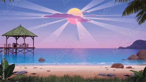 Digital painting of a tranquil tropical beach at sunrise with a charming wooden pier extending into the calm, colorful ocean under a vibrant sky, creating a serene and picturesque landscape