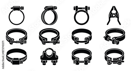 Hose clamps vector collection, isolated. Different types adjustable fasteners, pipe clamps for plumbing, auto repair