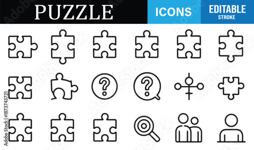 Puzzle icon set in editable outline vector style