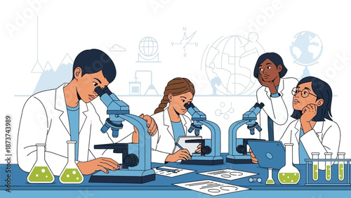 Diverse group of scientists conducting research in a laboratory setting.