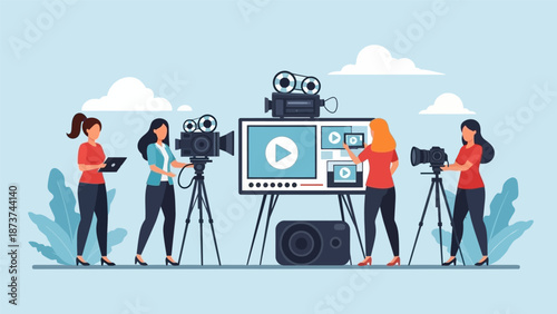 Team of filmmakers working together on a video production project.