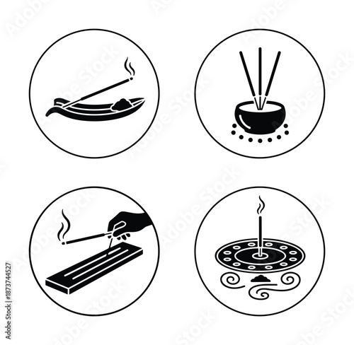 Incense Sticks Holders Illustration: Burning incense sticks in different holders and diffusers.