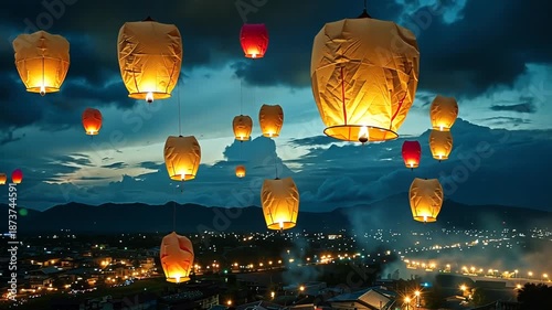 flying lanterns in the night sky over city