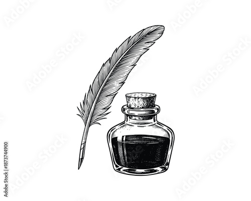 Inkwell and Feather Quill Pen Engraving Style Illustration isolated on white background