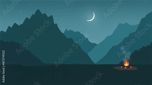 A minimalist digital illustration showcasing a serene mountain landscape at night, illuminated by a crescent moon and a cozy campfire
