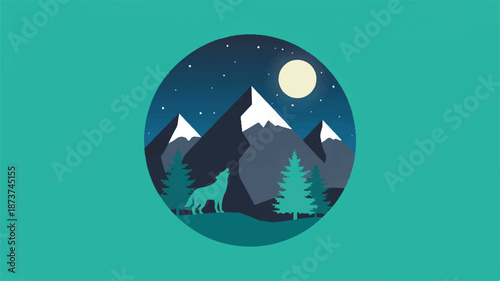 Minimalist Japanese-Inspired Mountain Landscape Illustration with a Howling Wolf under a Full Moon