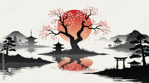 Minimalist vector art serene Japanese landscape, blooming cherry tree, pagodas, torii gate, red sun reflecting on tranquil water