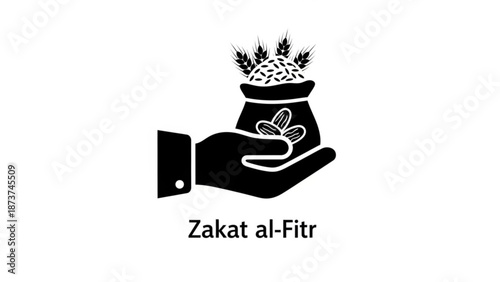 Black and white illustration of a hand holding a pot with wheat grains and seeds for zakat al fitr charity concept with donation and islamic