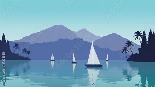 Minimalist vector illustration of sailboats on a tranquil blue lake, with mountains and palm trees, a serene natural landscape
