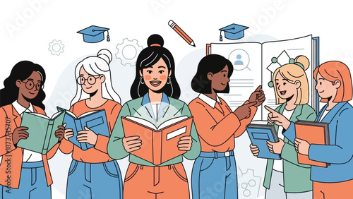 Diverse group of female students studying together with books and graduation caps.