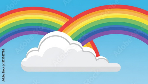 Vibrant rainbow arching over white cloud against bright blue sky with colorful and weather and nature and symbol and hope and serenity and sunny