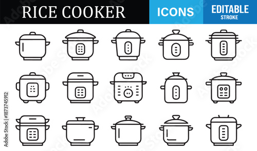 Rice cooker icon set in editable outline vector style