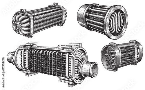 Heat exchanger engraving illustration for industrial engineering documentation