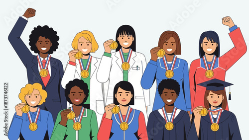 Diverse group of women celebrating success and achievement together.