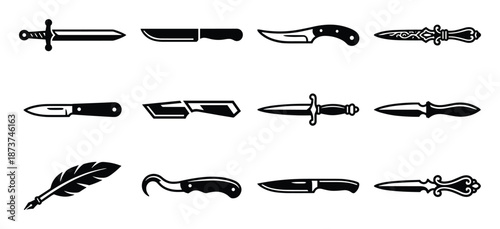 Knife set vector silhouettes: daggers, swords, hunting knives, and a feather pen for writing. Black isolated drawings