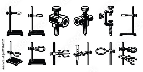 Laboratory Stands and Clamps Black and White Vector Set