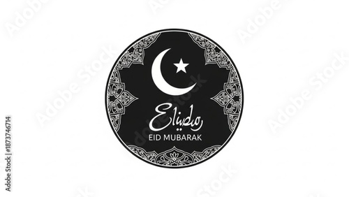 Eid mubarak greeting card with crescent moon star and mandala design on black background with Islamic and Muslim and Holiday and Celebration