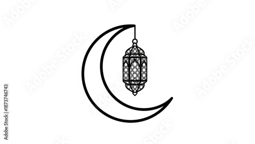 Black and white illustration of a hanging lantern on a crescent moon shape with intricate patterns on a plain white background for ramadan or islamic celebrations