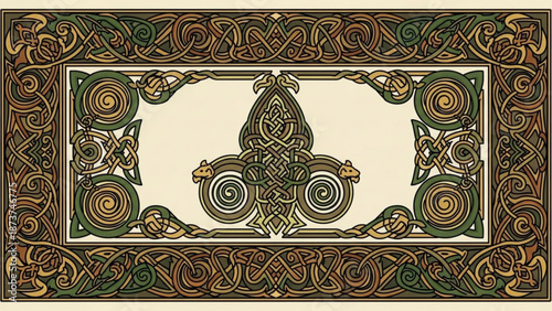 Ornate celtic style border frame with intricate spiral patterns and teardrop motif illustration with Celtic art and ornate illustration and Celtic knotwork
