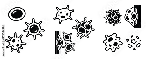 Leukemia Cell Development Stages Vector Icon Set in Detailed Black and White Style