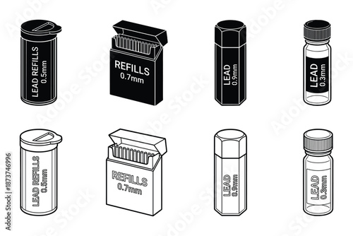 Lead Refills Sets Illustration with Different Diameters, 0.3mm, 0.5mm, 0.7mm, and 0.9mm