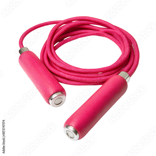 Bright pink jump rope with textured handles isolated on transparent background