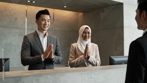 Hotel receptionists greeting a guest with a traditional gesture at a modern hotel lobby.