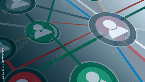 Flat illustration showing a central hub connected to multiple nodes representing people or users in a network with colorful lines symbolizing connections and communication