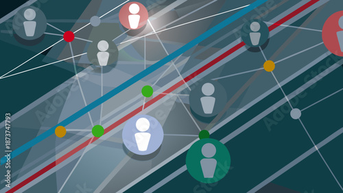 Flat vector artwork of a dynamic abstract network with connected people icons and colorful lines on a dark background for business and technology concepts