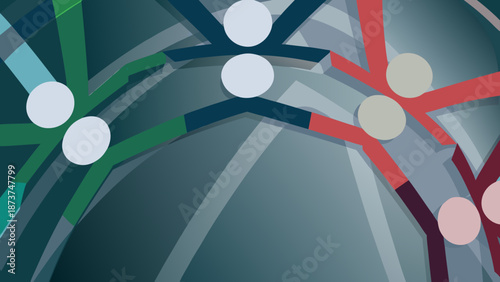 Flat vector artwork of a circular network made of colorful lines and white nodes representing connections and relationships in a modern and abstract way for business