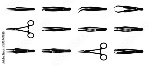 Medical instruments silhouettes set, different forceps, clamp forceps. Vector medical equipment icon collection
