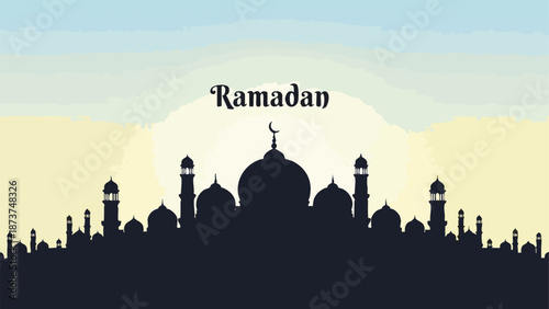 Ramadan Kareem vector illustration of a mosque silhouette with a crescent moon on a colorful background