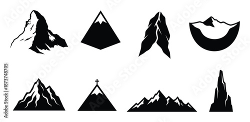Mountain Peaks Vector Silhouette Set, Eight different mountains silhouettes